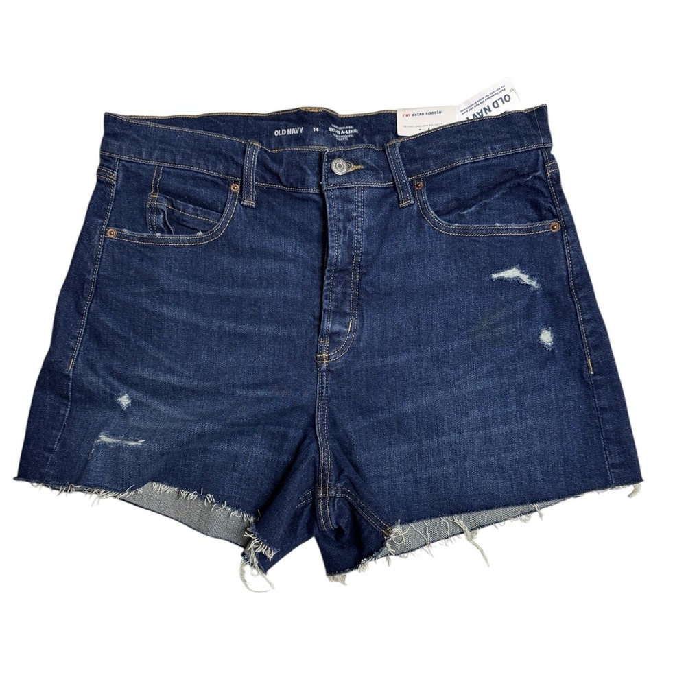 New! Women Old Navy Sz 14 High Rise Distressed Stretch Denim Shorts Raw Hem